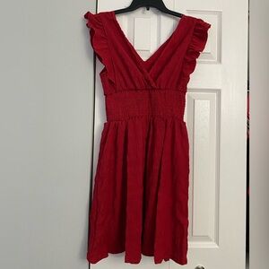 Ruffle Trim V-Neck Short Sleeve A-line Dress